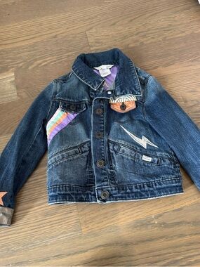 Little Marc Jacobs Blue Denim Jacket with Multicolor Patch Accents - 2T